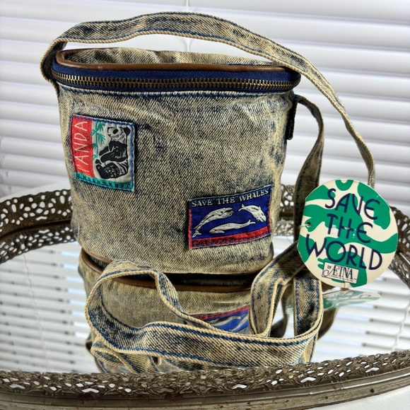 Save the World Handbags - Vintage Fanny Pack Deadstock Acid Wash Denim Bag Save the Whales Panda Travel